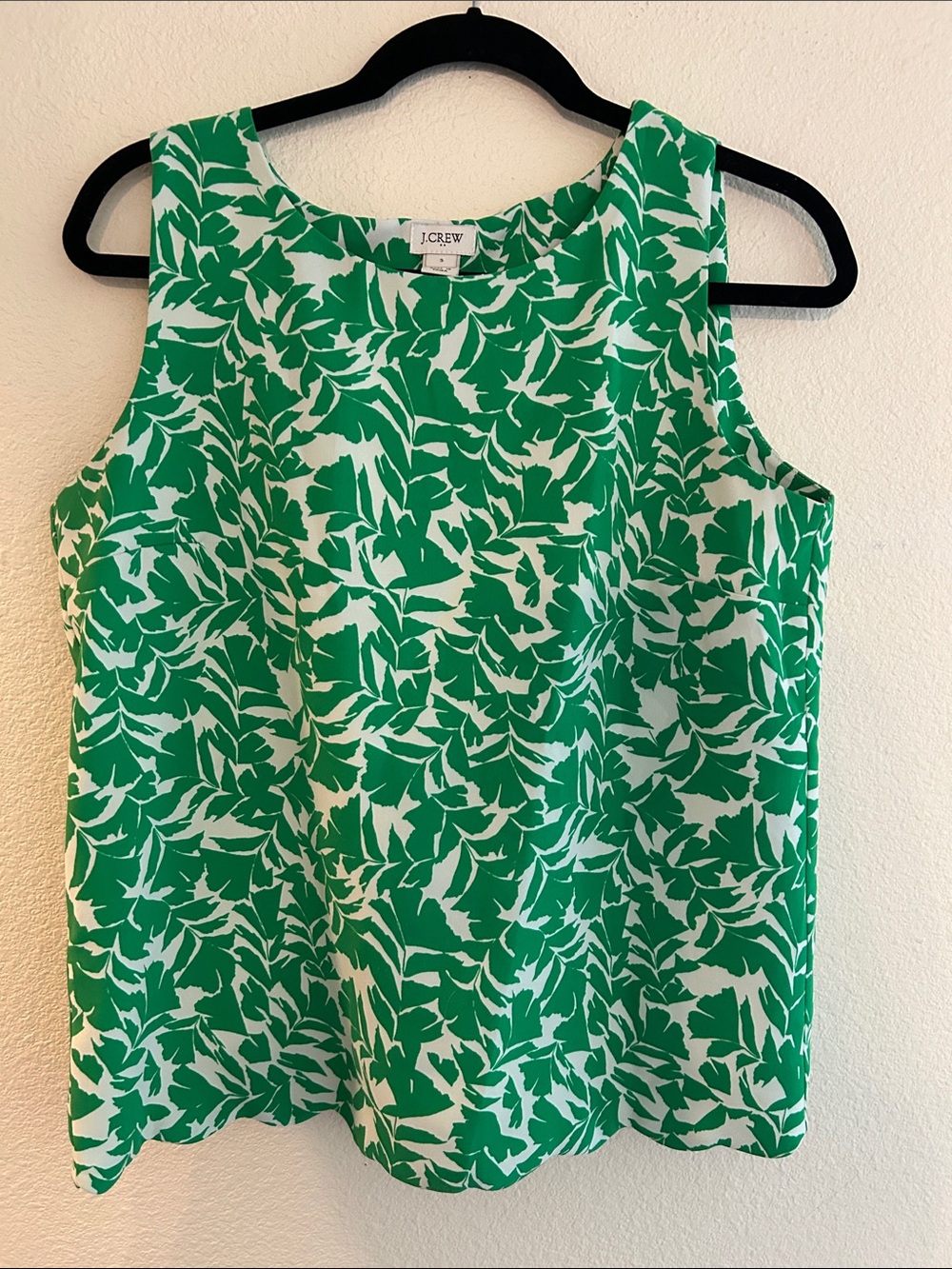 J. Crew Green and White Leaf-Print Sleeveless Tank